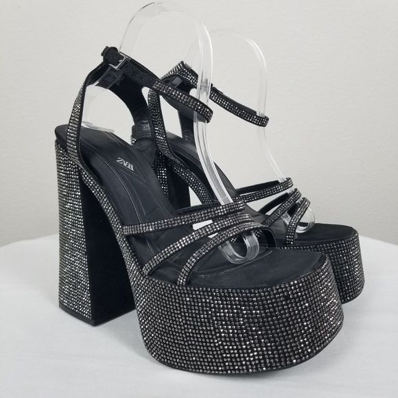 Zara Black Rhinestone Studded Platform Retro Y2K Strappy Blogger Fave Pumps Sz 8 - Picture 1 of 12